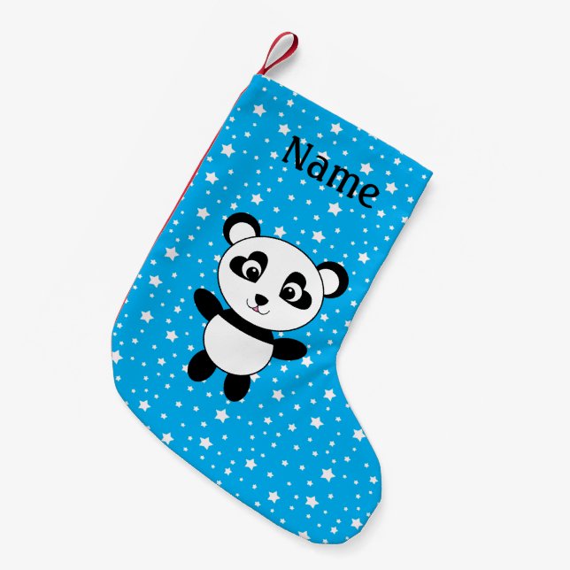 Personalised name panda blue stars small christmas stocking (Front (Hanging))