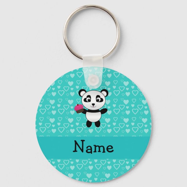 Personalised name panda cupcake turquoise hearts key ring (Front)