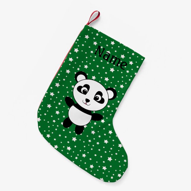 Personalised name panda green stars small christmas stocking (Front (Hanging))