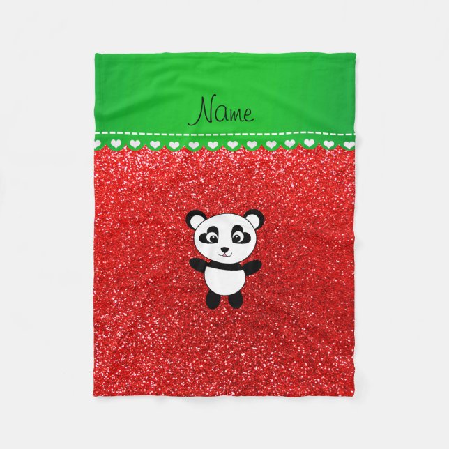 Personalised name panda neon red glitter fleece blanket (Front)