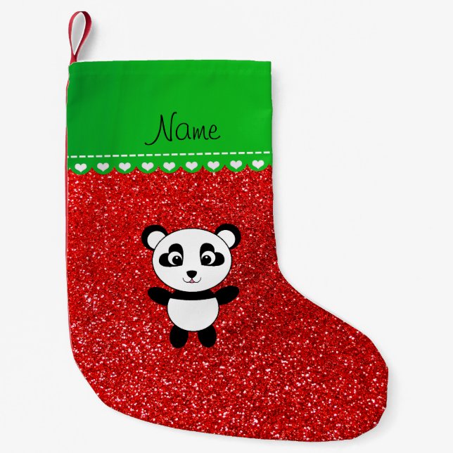 Personalised name panda neon red glitter small christmas stocking (Front)