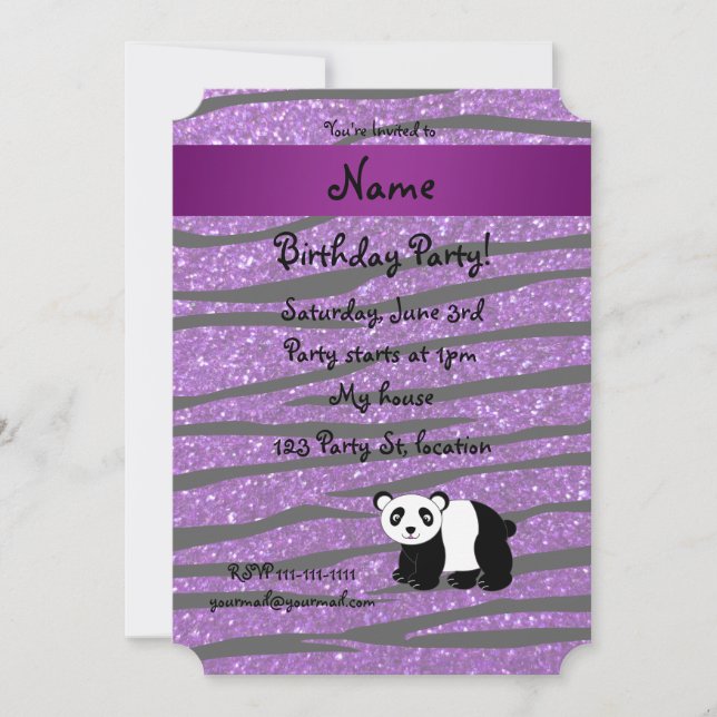 Personalised name panda purple glitter zebra invitation (Front)