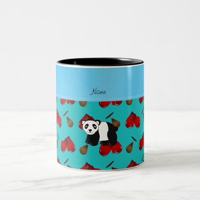 Personalised name panda turquoise boxing gloves Two-Tone coffee mug (Center)