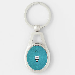 Personalised name panda turquoise glitter key ring