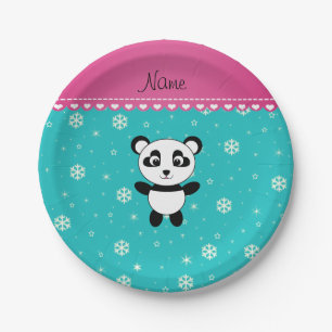 Personalised name panda turquoise snowflakes paper plate