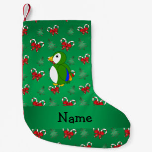 Personalised name parrot green candy canes bows small christmas stocking