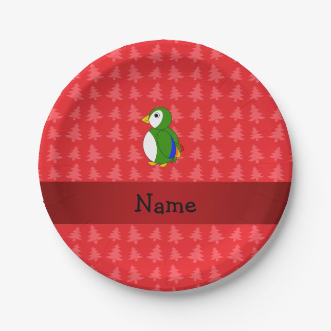 Personalised name parrot red christmas trees paper plate (Front)