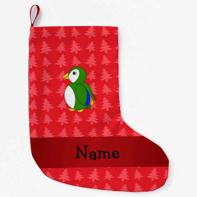 Personalised name parrot red christmas trees small christmas stocking (Front)