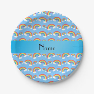 Personalised name pastel blue rainbows pattern paper plate