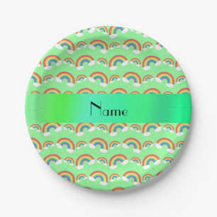 Personalised name pastel green rainbows paper plate