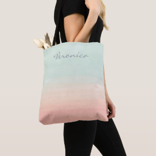 Personalised Name Pastel Mint Peach Watercolor  Tote Bag