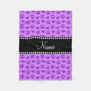 Personalised name pastel purple hearts and paws fleece blanket