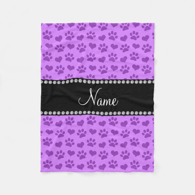 Personalised name pastel purple hearts and paws fleece blanket (Front)