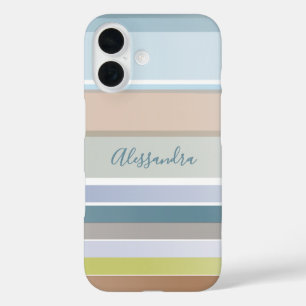 Personalised Name Pastel Stripes Modern Blue Sage iPhone 16 Case