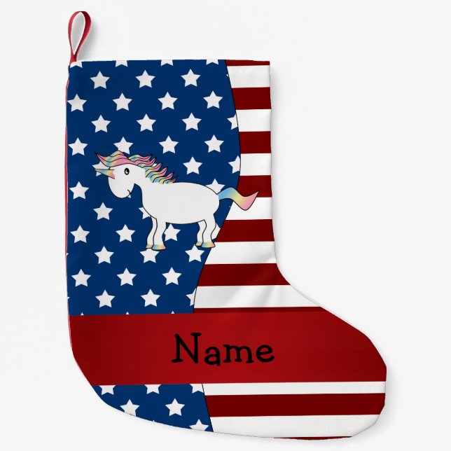 Personalised name Patriotic unicorn Small Christmas Stocking (Front)