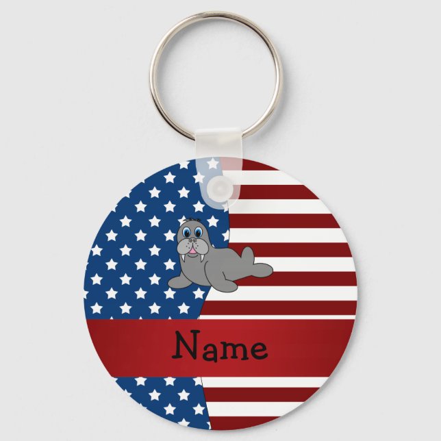Personalised name Patriotic walrus Key Ring (Front)