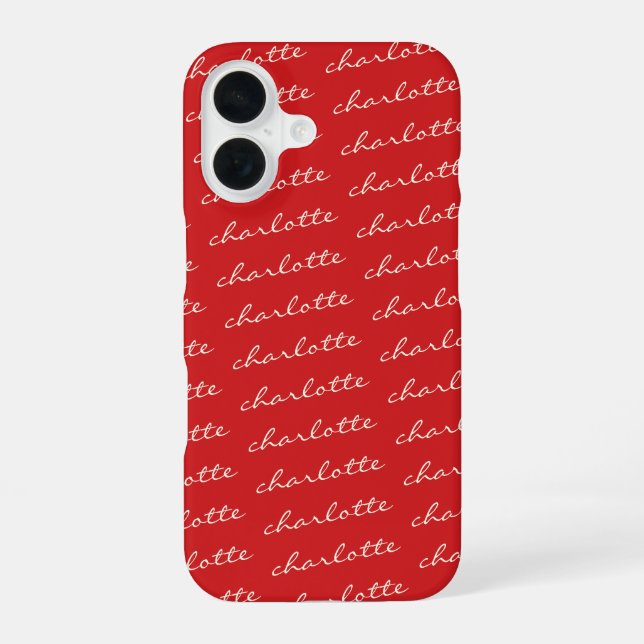 Personalised Name Pattern Script Typography in Red iPhone 16 Case (Back)