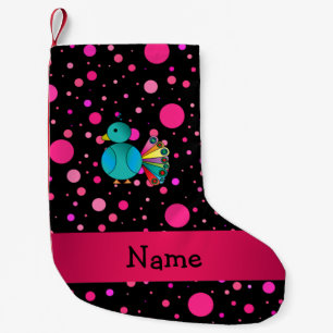 Personalised name peacock black pink polka dots small christmas stocking