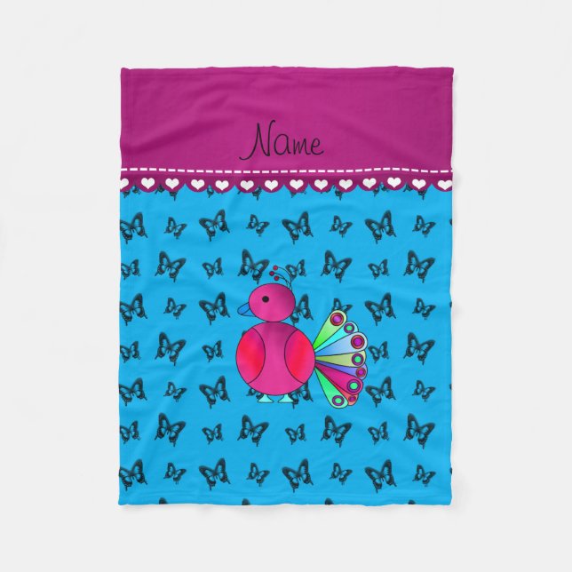 Personalised name peacock blue butterflies fleece blanket (Front)