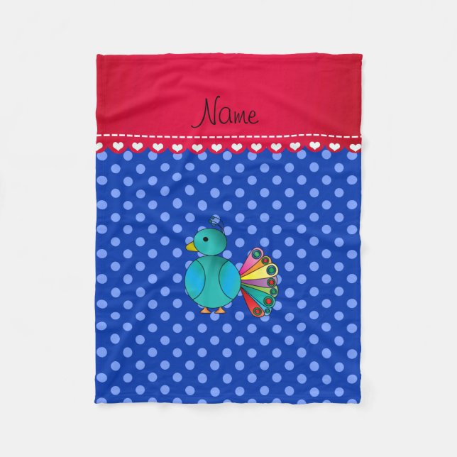 Personalised name peacock blue polka dots fleece blanket (Front)