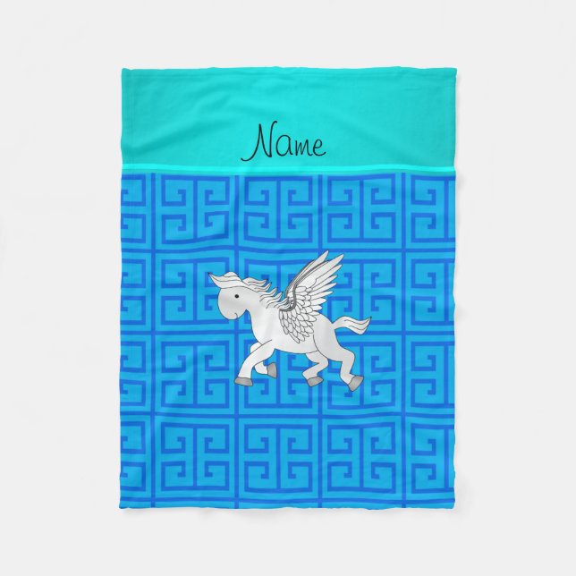 Personalised name pegasus blue greek key fleece blanket (Front)