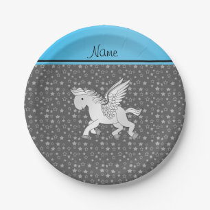 Personalised name pegasus grey stars paper plate