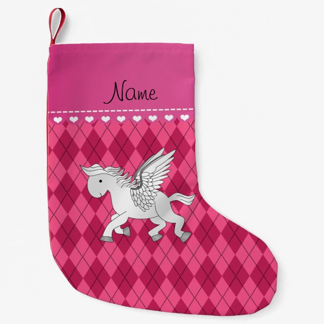 Personalised name pegasus pink argyle small christmas stocking (Front)