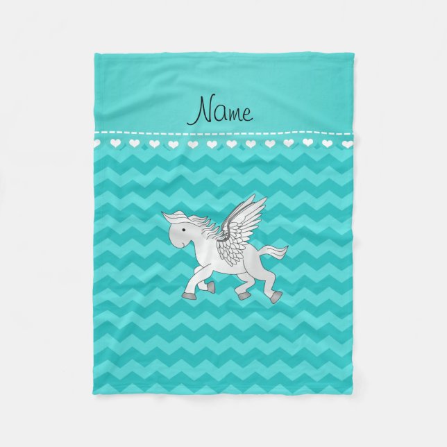 Personalised name pegasus turquoise chevrons fleece blanket (Front)