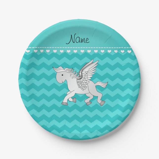 Personalised name pegasus turquoise chevrons paper plate (Front)