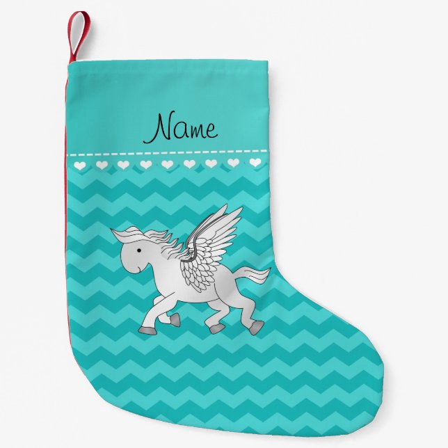 Personalised name pegasus turquoise chevrons small christmas stocking (Front)