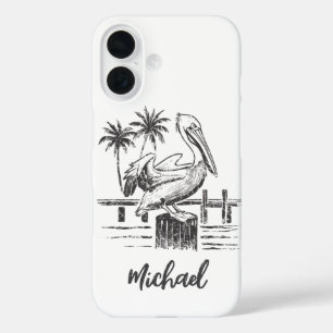 Personalised Name Pelican On A Post Palm Tree  iPhone 16 Case