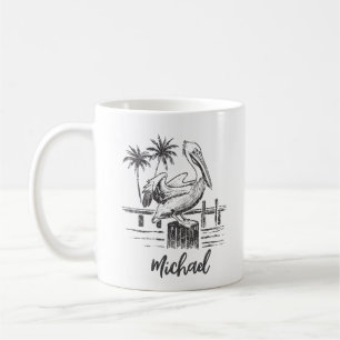 Personalised Name Pelican On A Post Palm Tree Coffee Mug