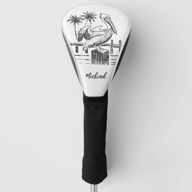 Personalised Name Pelican On A Post Palm Tree      Golf Head Cover (Front)