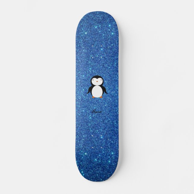 Personalised name penguin blue glitter skateboard (Front)