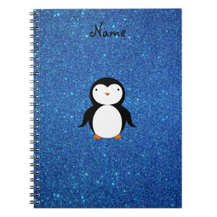 Personalised name penguin blue glitter spiral notebook