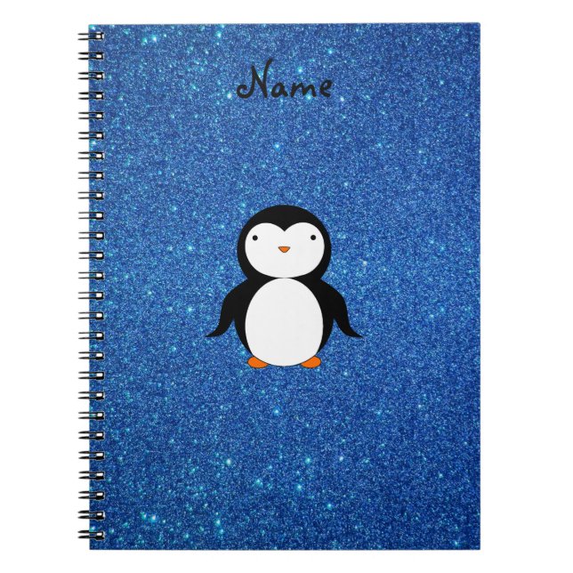 Personalised name penguin blue glitter spiral notebook (Front)