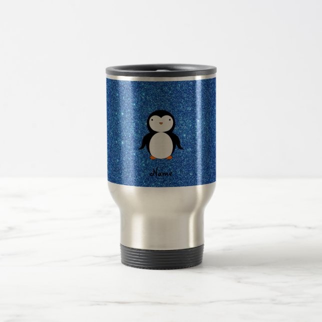 Personalised name penguin blue glitter travel mug (Center)