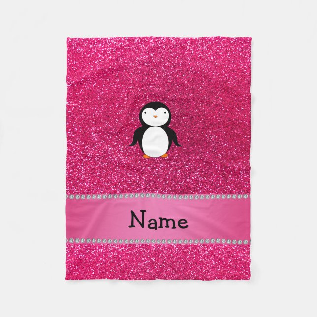Personalised name penguin pink glitter fleece blanket (Front)