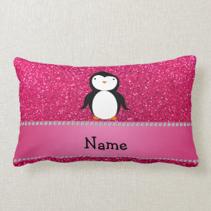 Personalised name penguin pink glitter lumbar cushion