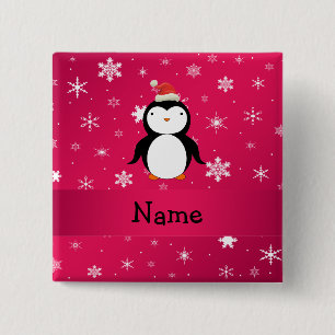 Personalised name penguin pink snowflakes 15 cm square badge