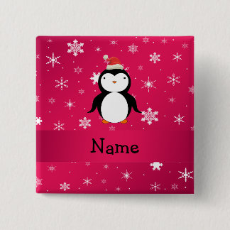 Personalised name penguin pink snowflakes 15 cm square badge