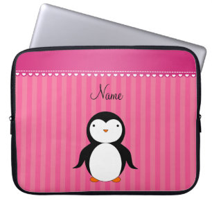 Personalised name penguin pink stripes laptop sleeve