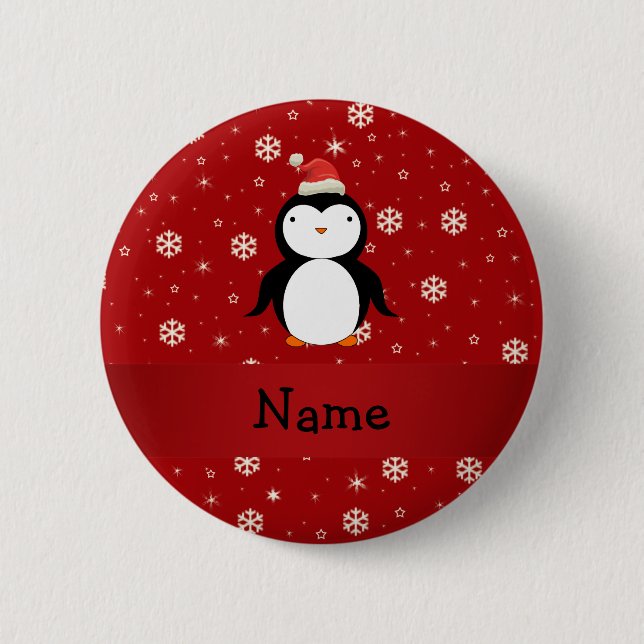Personalised name penguin red snowflakes 6 cm round badge (Front)