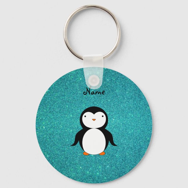 Personalised name penguin turquoise glitter key ring (Front)