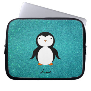 Personalised name penguin turquoise glitter laptop sleeve