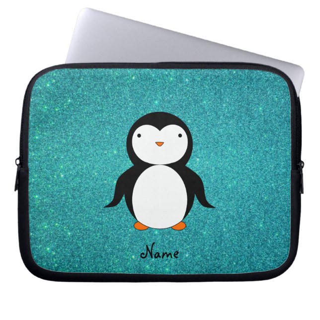 Personalised name penguin turquoise glitter laptop sleeve (Front)