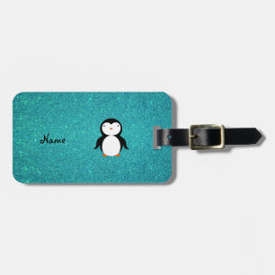Personalised name penguin turquoise glitter luggage tag