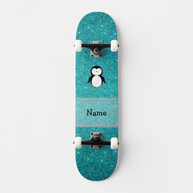 Personalised name penguin turquoise glitter skateboard (Front)