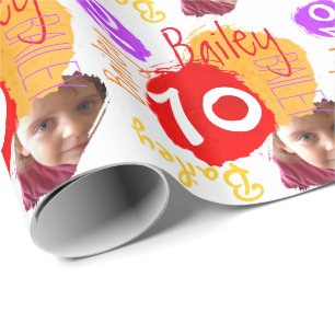 Personalised name photo 10th birthday paint wrap wrapping paper