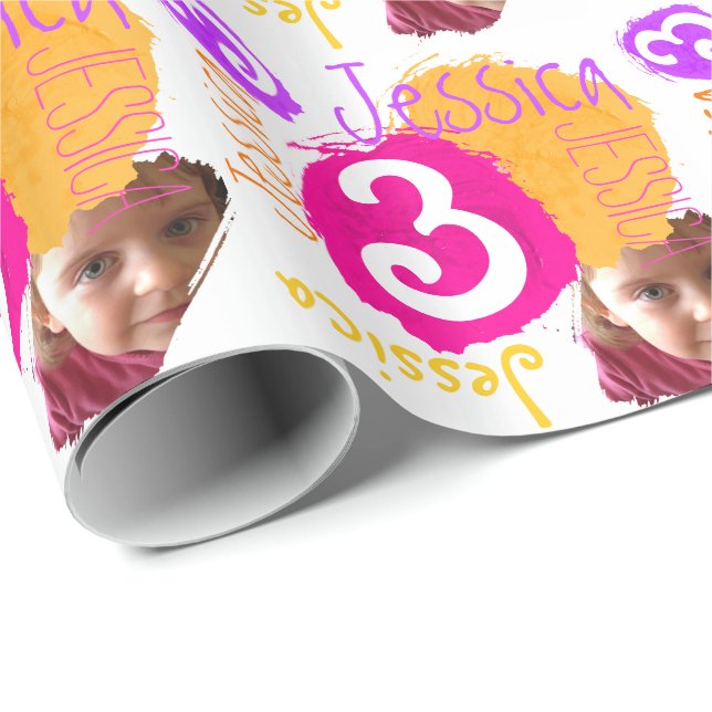 Personalised name photo 3th birthday paint wrap wrapping paper (Roll Corner)